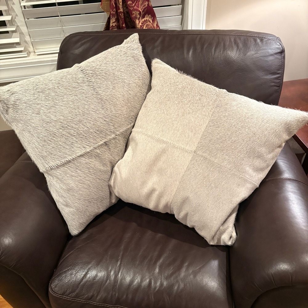 Restoration Hardware Cowhide Leather Pillows Pair Hair-on-Hide Grey Taupe